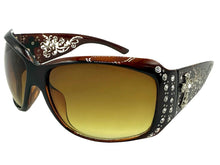 Oversized Classy Elegant Western Cowgirl Style SUNGLASSES Brown Frame with Silver Cross 8368
