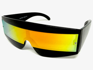 Space Futuristic Robotic Cyclops Shield Costume Party SUNGLASSES Black Frame - Gold Lens K019