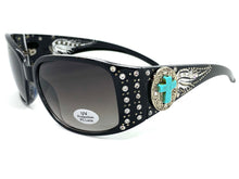 Classy Elegant Western Cowgirl Style SUNGLASSES Black Frame with Turquoise Cross 8235