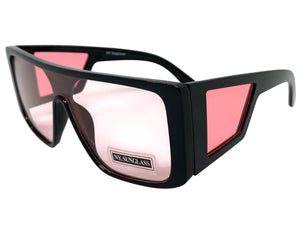 Oversized Modern Retro Shield Style SUNGLASSES Black Frame Pink Lens 9227