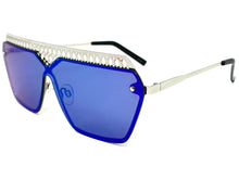 Sleek Modern Retro Shield Style SUNGLASSES Silver Frame Blue Lens 10415