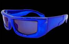 Sleek Modern Futuristic Biker Sporty Wrap SUNGLASSES Thick Blue Chrome Frame 80622