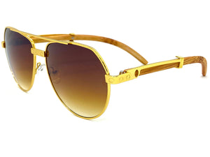 Classy Elegant Sophisticated Luxury Hip Hop Aviator Style SUNGLASSES Gold & Wooden Frame E0378