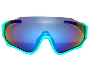 Sporty Retro Wrap Around Shield Style SUNGLASSES Turquoise Frame Blue Lens E2028