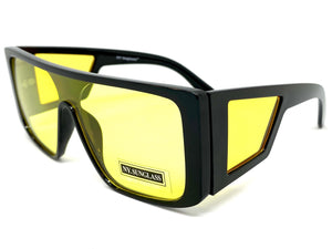 Oversized Modern Retro Shield Style SUNGLASSES Black Frame Yellow Lens 9227