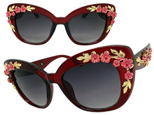 Oversized Vintage Retro Cat Eye Style SUNGLASSES Large Burgundy Frame - Flowers & Gold Leaf Accents 6806 (Copy) (Copy)