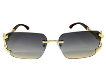 Classy Elegant Luxury Hip Hop Rapper Style SUNGLASSES Rimless Gold & Faux Wooden Frame - Smoke & Beige Lens 27806