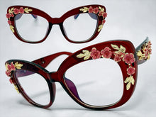 Oversized Vintage Retro Cat Eye Style Clear Lens EYEGLASSES Large Burgundy Frame - Flowers & Gold Leaf Accents 6806 (Copy)