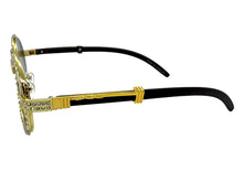 Classy Elegant Luxury Modern Hip Hop Style Bling SUNGLASSES Large Oval Gold & Faux Wooden Frame E0652