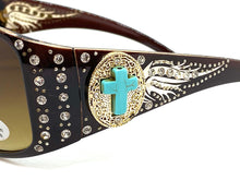 Classy Elegant Western Cowgirl Style SUNGLASSES Brown Frame with Turquoise Cross 8235
