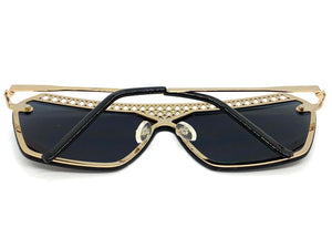 Sleek Modern Retro Shield Style SUNGLASSES Gold Frame Dark Lens 10415