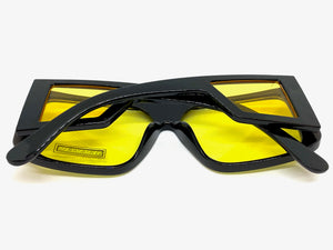 Oversized Modern Retro Shield Style SUNGLASSES Black Frame Yellow Lens 9227