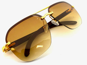 Men's Classy Elegant Luxury Designer Hip Hop Style SUNGLASSES Large Gold & Faux Wooden Frame 5112