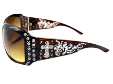 Oversized Classy Elegant Western Cowgirl Style SUNGLASSES Brown Frame with Silver Cross 8368