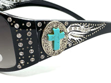 Classy Elegant Western Cowgirl Style SUNGLASSES Black Frame with Turquoise Cross 8235