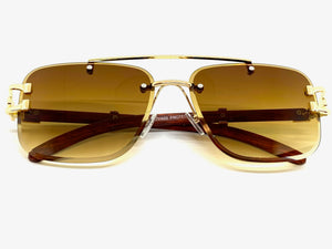 Classic Elegant Luxury Retro Hip Hop Style SUNGLASSES Gold & Wood Frame 7357