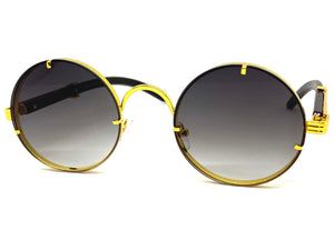 Classy Elegant Sophisticated Luxury Hip Hop Style SUNGLASSES Round Gold & Wooden Frame 7535