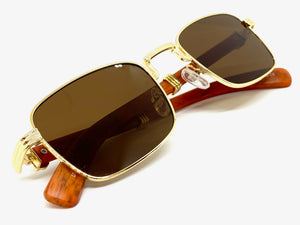 Classy Elegant Sophisticated Luxury Style SUNGLASSES Gold & Wooden Frame 27677