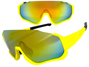 Sporty Retro Wrap Around Shield Style SUNGLASSES Neon Yellow Frame Gold Lens E2028