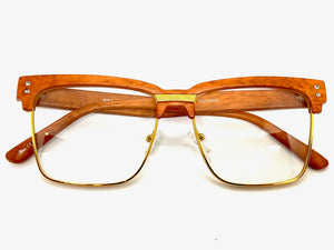 Classy Elegant Sophisticated Luxury Style Clear Lens EYEGLASSES Faux Wood & Gold Frame WD746