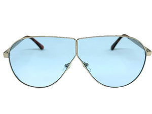 Oversized Modern Retro Shield Style SUNGLASSES Large Silver Frame - Blue Lens 4617