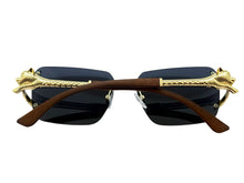 Classy Elegant Luxury Hip Hop Rapper Style SUNGLASSES Rimless Gold & Faux Wooden Frame - Dark Lens 27806