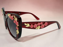 Oversized Vintage Retro Cat Eye Style SUNGLASSES Large Burgundy Frame - Flowers & Gold Leaf Accents 6806 (Copy) (Copy)
