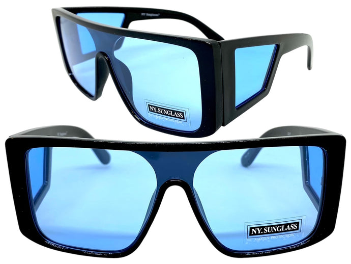 Oversized Modern Retro Shield Style SUNGLASSES Black Frame Blue Lens 9227