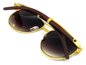 Classy Elegant Sophisticated Luxury Hip Hop Aviator Style SUNGLASSES Gold & Wooden Frame E0378