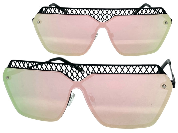 Sleek Modern Retro Shield Style SUNGLASSES Black Frame Pink Lens 10415