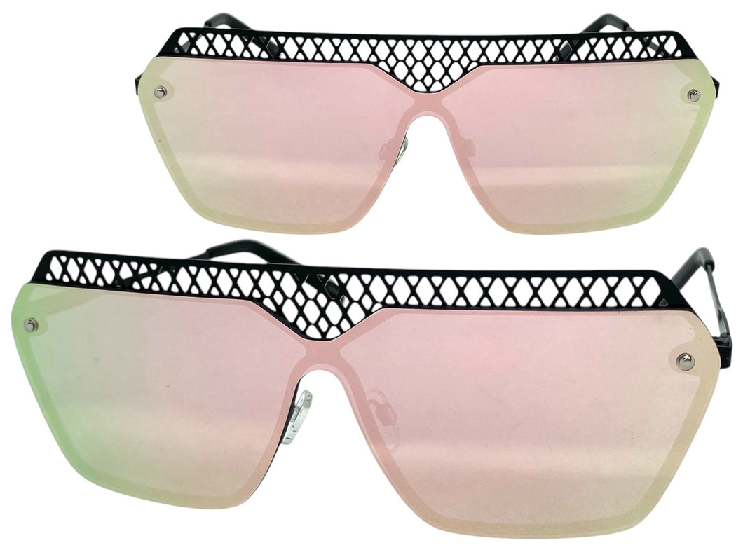 Sleek Modern Retro Shield Style SUNGLASSES Black Frame Pink Lens 10415