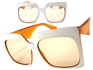 Oversized Exaggerated Vintage Retro Style SUNGLASSES X-Large Square White Frame 49308