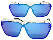 Sleek Modern Retro Shield Style SUNGLASSES Silver Frame Blue Lens 10415