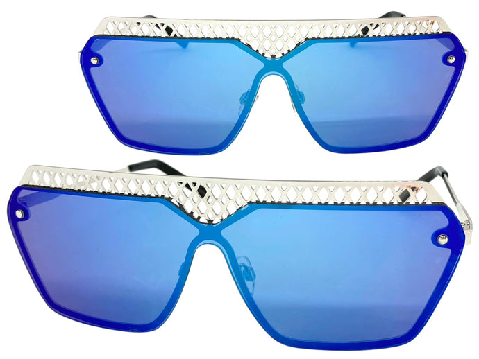 Sleek Modern Retro Shield Style SUNGLASSES Silver Frame Blue Lens 10415