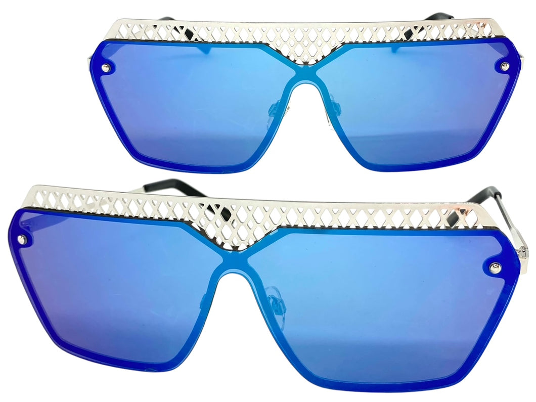 Sleek Modern Retro Shield Style SUNGLASSES Silver Frame Blue Lens 10415