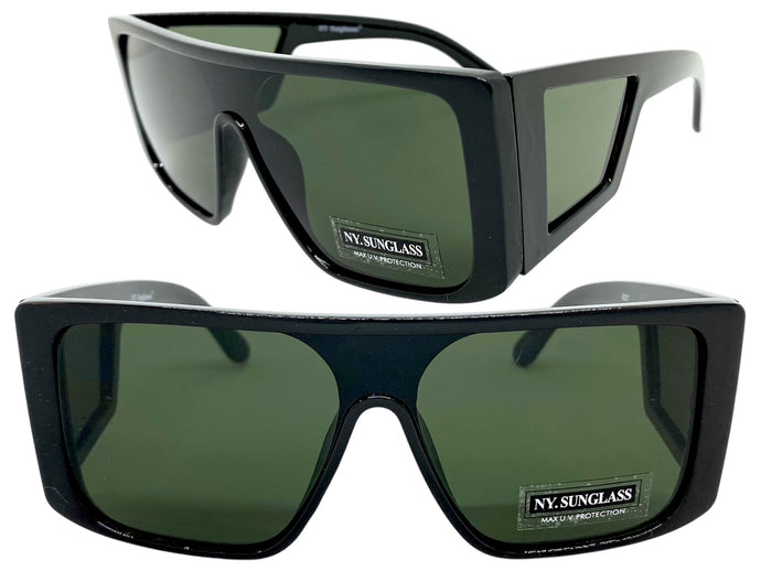 Oversized Modern Retro Shield Style SUNGLASSES Black Frame Green Lens 9227