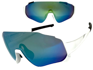 Sporty Retro Wrap Around Shield Style SUNGLASSES White Frame Green Lens E2028