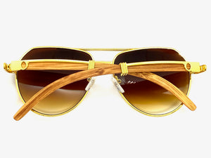 Classy Elegant Sophisticated Luxury Hip Hop Aviator Style SUNGLASSES Gold & Wooden Frame E0378