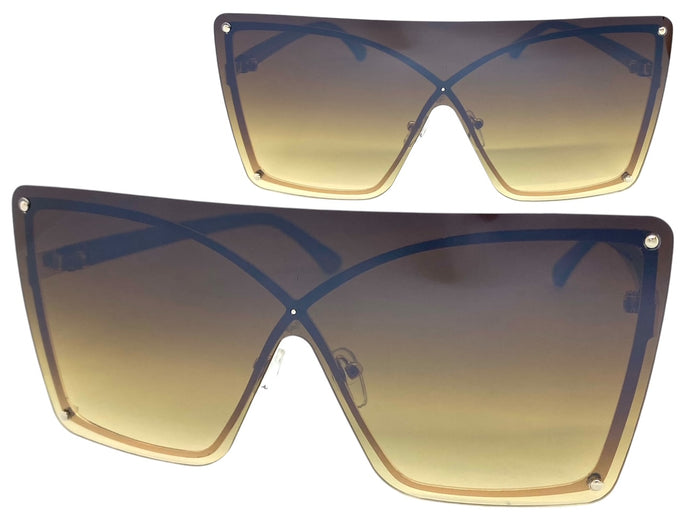 Oversized Exaggerated Modern Retro Shield Style SUNGLASSES Large Flat Brown Lens E0443