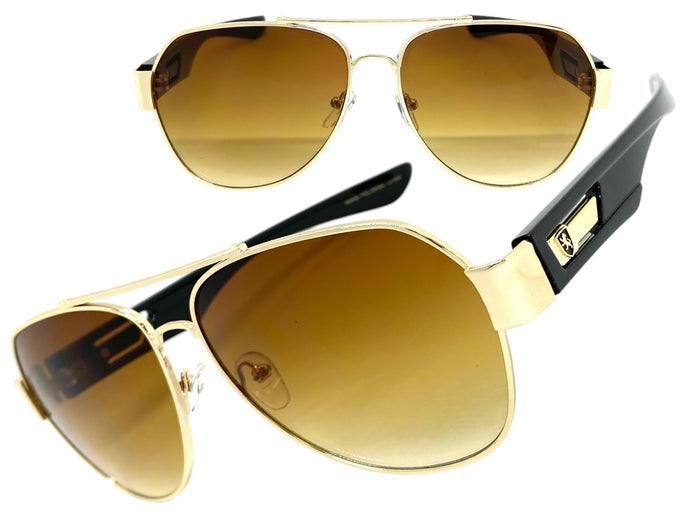 Classic Vintage Retro Aviator Style SUNGLASSES Sleek Gold & Black Frame 21037