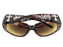 Oversized Classy Elegant Western Cowgirl Style SUNGLASSES Brown Frame with Silver Cross 8368