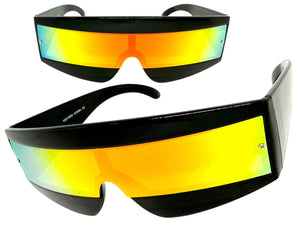 Space Futuristic Robotic Cyclops Shield Costume Party SUNGLASSES Black Frame - Gold Lens K019
