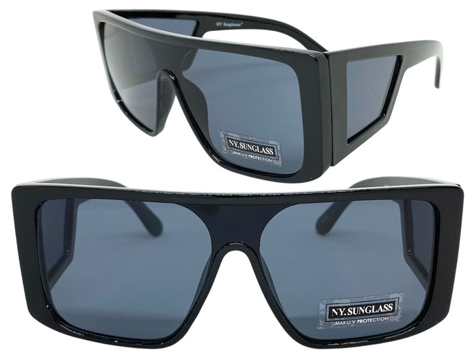 Oversized Modern Retro Shield Style SUNGLASSES Black Frame Dark Lens 9227