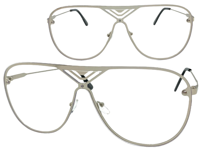 Oversized Modern Retro Shield Style Clear Lens SUNGLASSES Large Silver Frame 4294