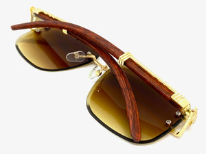 Classic Elegant Luxury Retro Hip Hop Style SUNGLASSES Gold & Wood Frame 7357