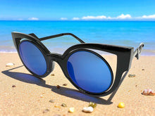 Classic Vintage Retro Cat Eye Style SUNGLASSES Funky Black Frame - Blue Lens 1737