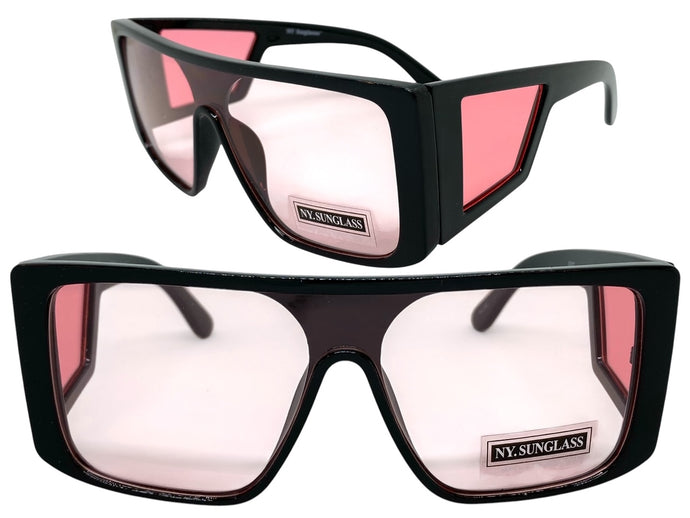 Oversized Modern Retro Shield Style SUNGLASSES Black Frame Pink Lens 9227
