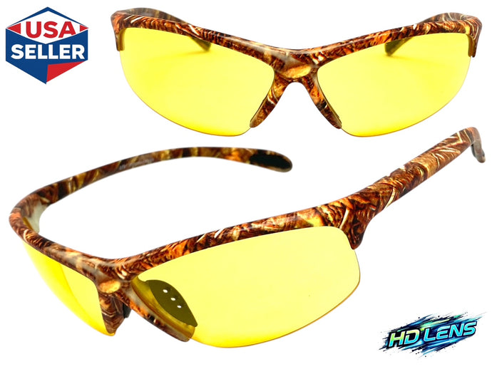 Classic Sporty Wrap Around HD Yellow Lens SUNGLASSES Brown Camouflage Frame 2250