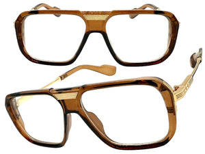 Classic Vintage Retro Hip Hop Rapper Style Clear Lens EYEGLASSES Brown & Gold Frame 76006