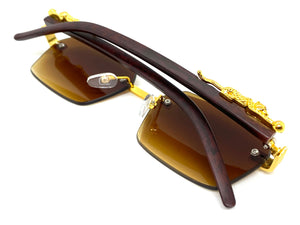 Classy Elegant Sophisticated Luxury Style SUNGLASSES Gold & Wooden Frame E0958